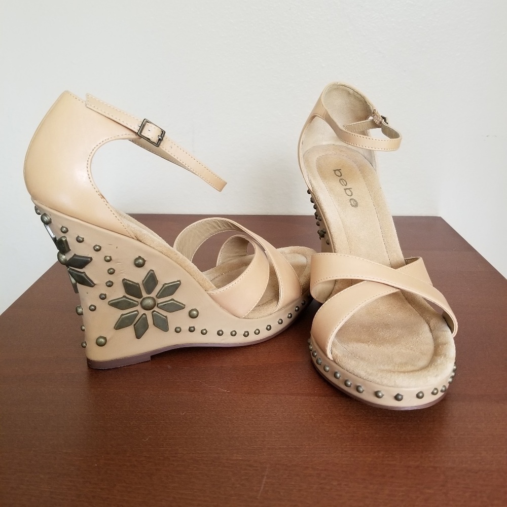 Bebe Platform Sandal with gold design on heel